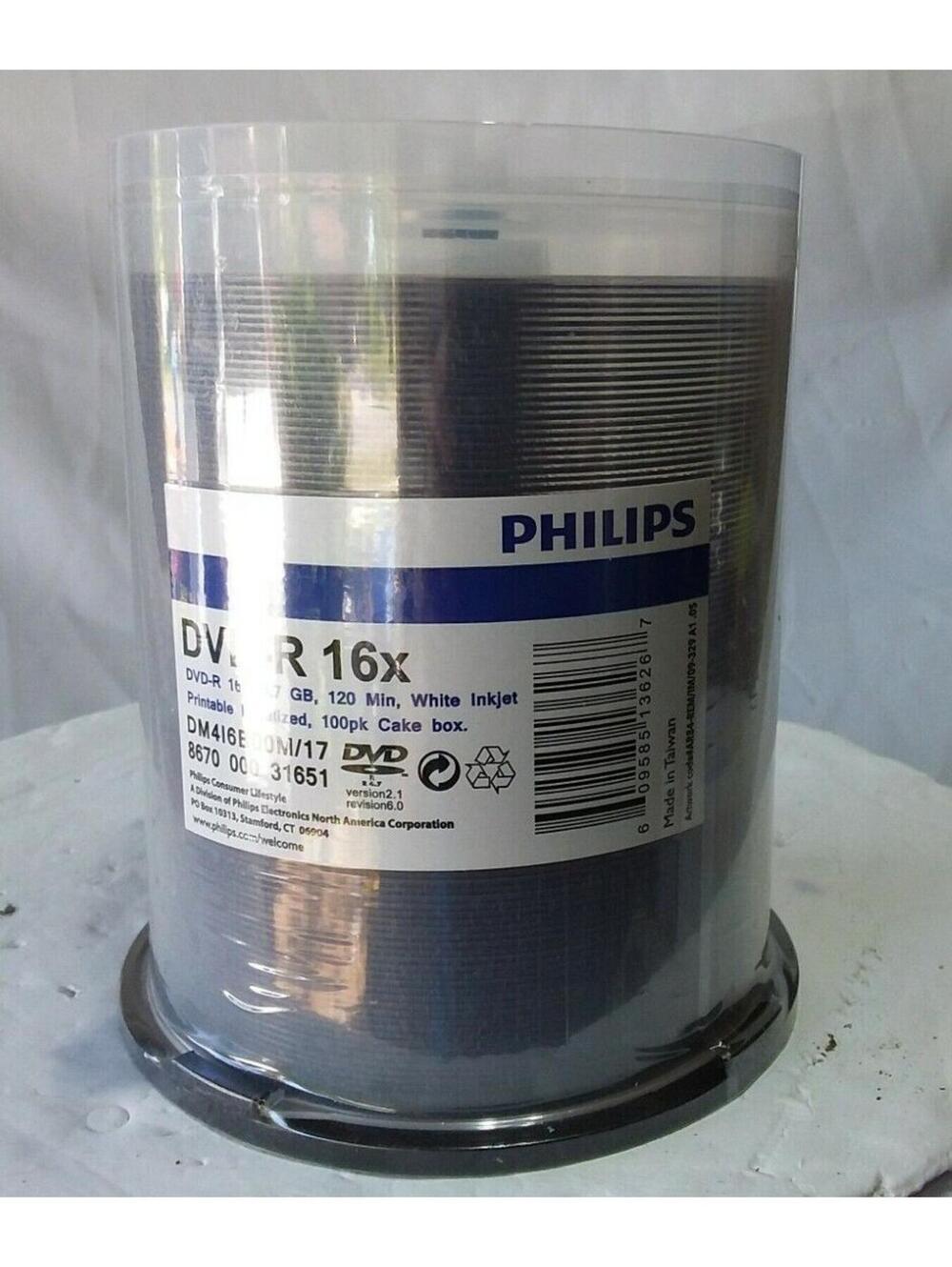 Philips DVD-R 100 Pack Spindle 16x 4.7GB White Inkjet Printable DM416B00M New